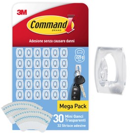 Command Mini Ganci Adesivi Trasparenti per Decorazioni Interne, 30 Ganci e 32 Strisce - Senza Forare, Danneggiare il Muro o Lasciare Residui Appiccosi, Tenuta: 225g