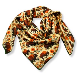 Wild Rag Silk Scarf 36'', Western Cowboy Bandana Square Silky Wild Rags,Tan Vintage Floral Bison Tribal Scarves for Men & Women