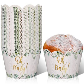 36Pcs Baby Cupcake Wrappers Greenery Baby Shower Greenery Jungle Cupcake Wrappers Eucalyptus Green Cupcake Liners Greenery Decorations Baby Cupcake Holders for Gender Reveal Wedding Party (Wood Grain)