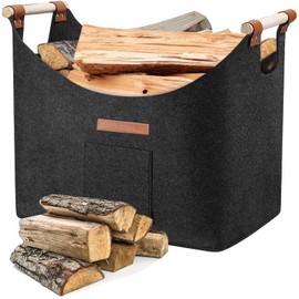 Firewood Basket Felt Basket for Firewood, XL Firewood Basket Felt Firewood Basket Foldable with Reinforced Wooden Handle Firewood Bag for Shopping Newspaper or Firewood, 45 x 32 x 40 cm, Dark Grey