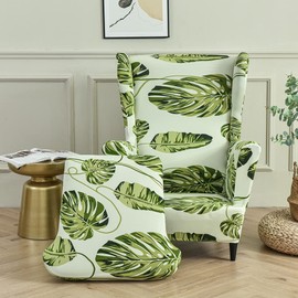 Highdi 2-Piece Wing Chair Cover, Armchair Throws, Wing Chair Protective Covers, Elastic Stretch Tiger Chair Cover with Armrest, High Backrest, Universal (Green Leaf)