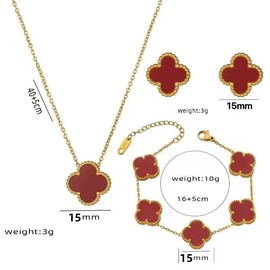 Classic Lucky Jewelry Set, Bracelet, Earrings, Necklace Three-Piece Set 18K Non-Fading Four-Leaf Clover Set:_Red