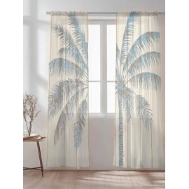 Semi Sheer Curtains 84 inches Long, Tropical Palm Tree Vintage Wood Window Treatments Curtains,Light Filter Curtains Rod Pocket Drapes for Living Room Bedroom,2 Panels