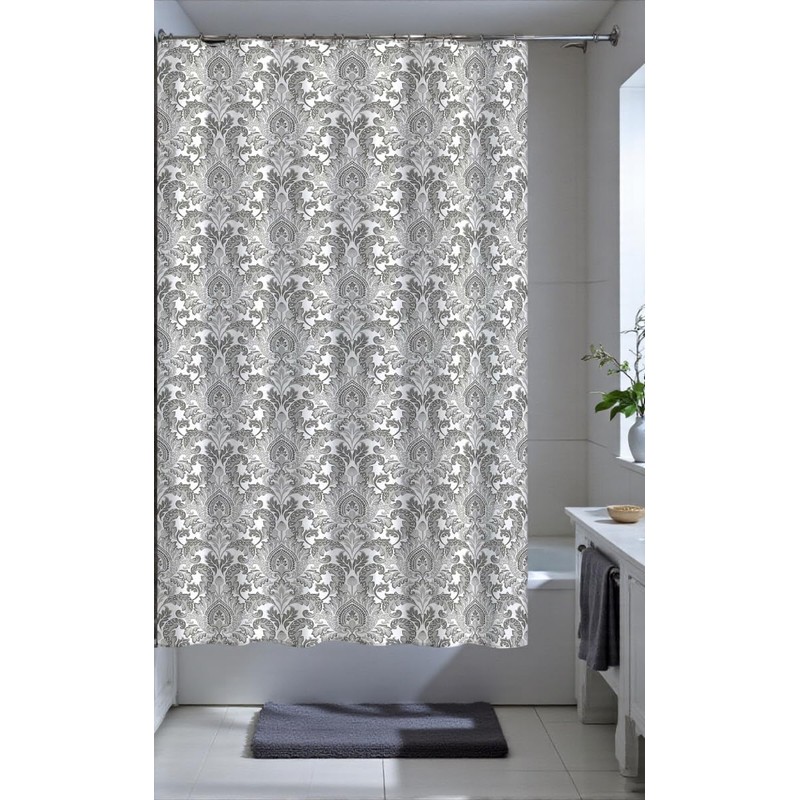 CHD Home Fabric Shower Curtain, Damask Floral Design, Grey and