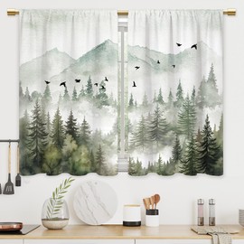 CINEKER Mountain Forest Kitchen Curtains Misty Foggy Sage Green Tree Bathroom Curtains Window Treatment Drapes Tier Landscape Cafe Small Bedroom Short French Door Curtains 2 Panels 27.5x39 Inch