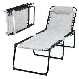 Tangkula Foldable Beach Lounge Chair for Outside, Sunbathing Chair with Removable Headrest, 4-Position Adjustable Backrest, Portable Tanning Chaise Lounger for Yard, Patio, Beach, Camping (1, Grey)