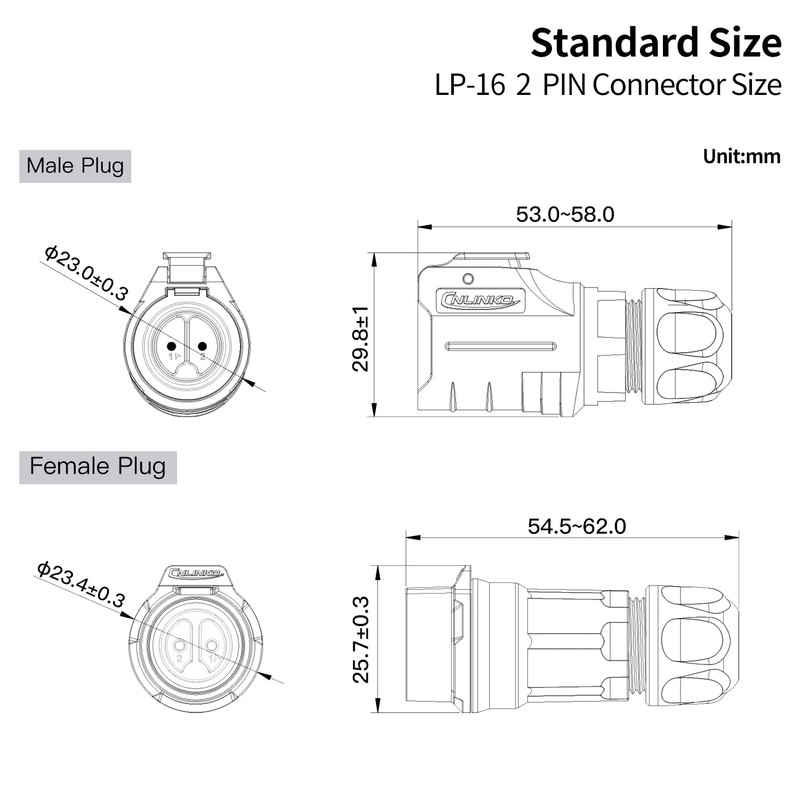 CNLINKO LP-16 2-Pin Screw Lock Waterproof Connector, IP68 Aviation Circular