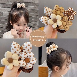 COTIRAS 5 Pack Beige Fabric Flower Hair Ties for Girls - Gentle Hair Elastics for Kids, Break-Resistant Hair Bands