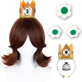 Short Curly Deep Brown Princess Costume Wig Set Red Brown Center Part Wig