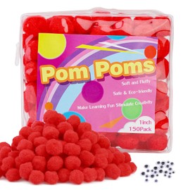 Bupete 150 Pcs Pom Poms,Red Pompoms,1 Inch Pom Poms with 24 Eyes for Puff Balls, Arts and Craft Pom Pom Balls for DIY Art Crafts Decorations Project