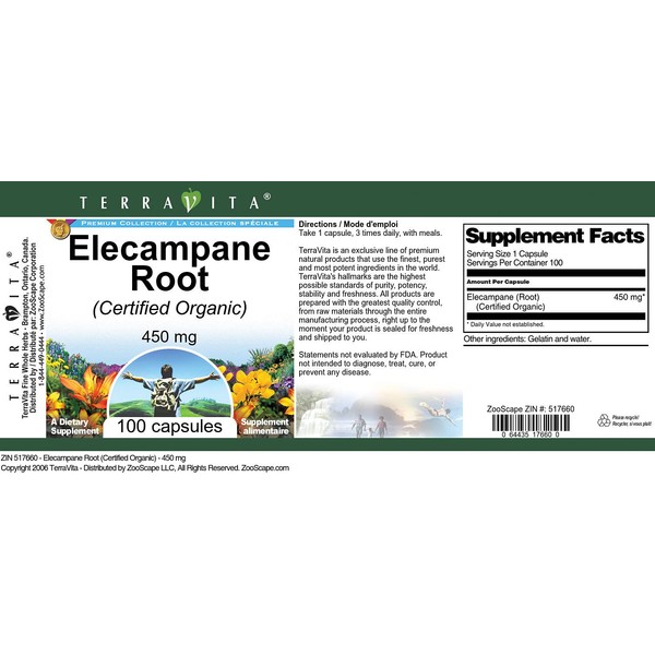 Elecampane Root (Certified Organic) - 450 mg (100 Capsules, ZIN: 517660)