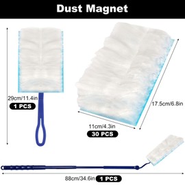 REJOECE 30 Pcs Fluffy Dusters Refills, Dust Magnet Refill with 1 Handle and 1 Dust Magnet Telescopic Pole, Disposable Duster Heads for Lock Away Dust, Dirt and Hair for Home & Car Cleaning
