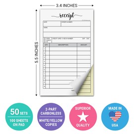 321Done Receipt Pad, Made in USA - 3.4x5.5 Handheld 2-Part Carbonless, Carbon Duplicate Copy Sales Order Form, Invoice Booklet, Cute Convenient for Small Boutique Business - 50 White/Yellow Sets