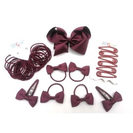 Set of 35 Pieces Hair Accessory School Ribbon Style Bow Bobbles Hair Clips Bows and Elastics Bands (maroon burgundy)