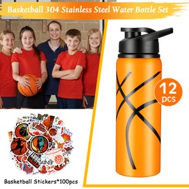 Gerrii 12 Pcs Water Bottles Water Bottles Bulk 20 oz Snap Lid Reusable Bottles 100 Pcs Stickers Helmet Award Decals Gift Stuff(Stainless Steel, Basketball Style)