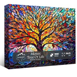 PICKFORU Rompecabezas de vidrio manchado árbol de la vida para adultos, 1000 piezas, imposibles, difíciles y desafiantes rompecabezas para adultos, colorido mosaico árbol de la vida, rompecabezas de