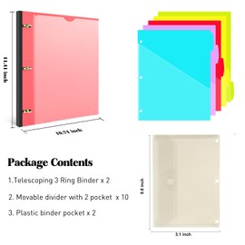 INFUN Telescoping Project Organizer Binder-2PCS,13 Pocket 1 Inch 3-Ring Binder with Customizable Front Cover, 5 Colors Pocket Divider and Plastic Binder Pocket，225 Sheet Capacity-Red