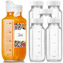 6 Pack 16 Oz Glass Juice Bottles with Pour Spout, 100% Airtight Heavy Duty SCREW Lid- Reusable Glass Milk Bottles w Capacity Mark, Square Drinking Jar Juice Container Breast Milk Pitcher(Extra 2 Lid)