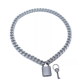 VERA Silver Cuban Chain Choker Style Necklace Black Pad Lock Key Sid Vicious Punk