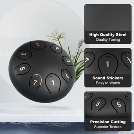 Steel Tongue Drum 6 Inch 8 Notes, Tongue Drum C major, Hang Drum Instrument, Handpan Drum for Kids, Ethereal Drum for Rain Meditation Yoga Musical Education, Black