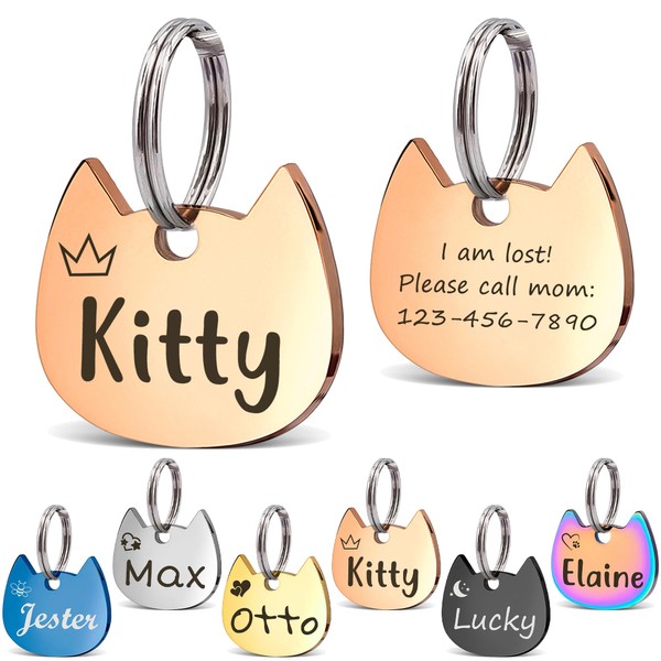 Anavia Small Size Dog Cat ID Tags, Small/XS Personalized Color Plated Stainless Steel Puppy Kitten Name Tags, Customized Engraved Nameplate Pet Collar Tag (Rose Gold, Cat Head)