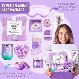 Birthday Gifts for Women, Self Care Gifts Christmas Box Get Well Soon Basket, Lavender Relaxing Spa Gifts Care Package w/ Flannel Blanket, Unique Mothers Day Gift Idea for Mom Her Friend Sister Purple