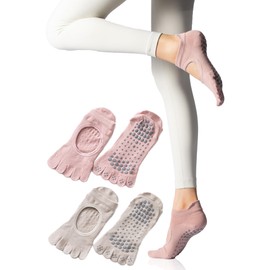 Gemma Plus Pilates Socks, Anti-Slip, 5 Toe Ladies, Yoga Socks, Anti-Slip Socks, Yoga Grip Socks, Pilates, Dance, 2 Pairs, Teak Pink x Ecru