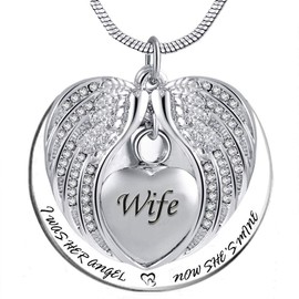 PREKIAR Angel Wing Urn Necklace for Ashes, Heart Cremation Memorial Keepsake Pendant Necklace Jewelry with Fill Kit and Gift Box (Wife)