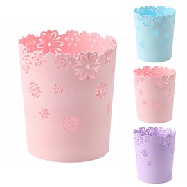 Mini Wastebasket 1.8 Gallons Small Pink Trash can Room Decor Hollow Flower Shape Plastic Lidless Round Garbage Container Bin for Bathroom, Kitchen, Bedroom, Home Office, College Dormitory (Pink, M)
