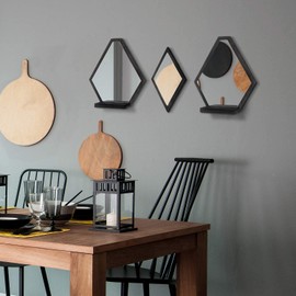 JACKCUBE Design Wall Mount Decorative Mirrors- Set of 3, Geometric Rustic Wood Real Mirror with Shelf for Bedroom, Bathroom, Living Room, Kitchen Wall Art Décor- MK689A