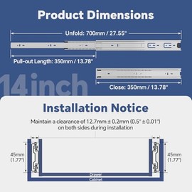 ToBeGreat 1 Pair Hardware 3-Section Full Extension Ball Bearing Drawer Slides 14 Inch 100 lb Load Capacity Side Mount Trash Cabinet Runners Glides(Silver)