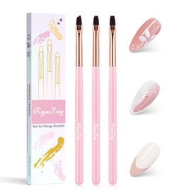 Nail Art Clean Up Brushes - 3Pcs Nail Art Brush Set with Flat/Oval/Fine Angled Gel Brush, Nail Extension Tool for Professional DIY Home Salon(Clear Pink)
