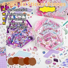 DIY 3D House Scene Stickers 4 Sets DIY 3D Isometric Miniature Room Sticker Scene Cute Make Your Own Shop House,3D Cartoon Scene Stickers for Kids Therapy for Adult Relief Stress Pass The Time