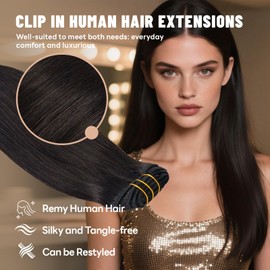 LuxeTress Clip in Hair Extensions Real Human Hair 18 Inch 120g 7Pcs Remy Extensions Double Weft Straight Hair Extensions for Add Volume (18in, 120g, #1B)