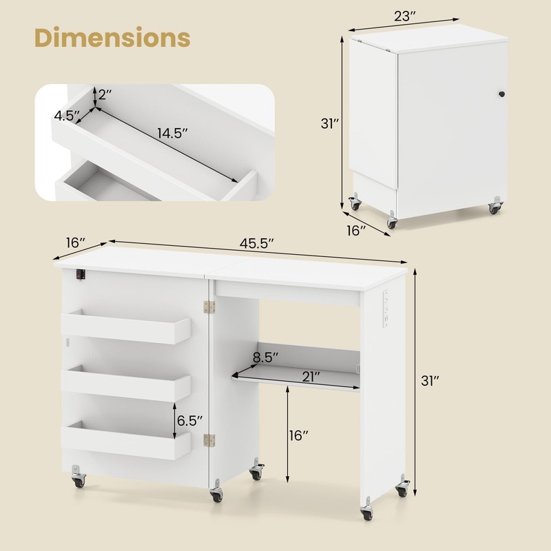 Giantex Folding Sewing Table with Charging Station, Rolling Craft Table