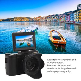 48MP 4K HD Digital Camera, 3-Inch Flip Screen With Auto Focus and Face Beautifying, 16X Zoom Anti-Shake Point and Shoot Camera (Black)