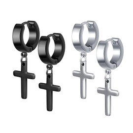 INFINIONLY Men's Women's Stainless Steel Cross Earrings Hoops Novelty Multi-coloured Earrings Dangles for Boy Fashion Piercing Earrings Creative Creole Jewellery, 2 Pairs