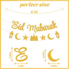 Eid Mubarak Banner - Happy Eid Party Decor, Moon and Star Ramadan Home Mantel Fireplace Decoration Gold Glitter