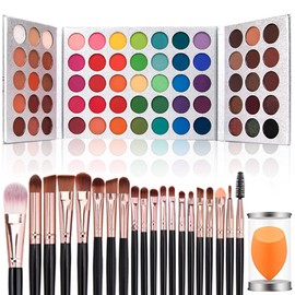 Paleta de maquillaje para sombra de ojos de 65 colores, 20 brochas de maquillaje  esponja mezcladora con botella a prueba de sudor, pigmentada mate...