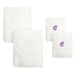 Super Soft Thick Embroidered White Turkish Cotton Bath Towel Set of 2 with Monogrammed Purple Script Q | Looped Terry Cloth Finish Extra Absorbent Quick Dry Luxury Kitchen Spa Bath Hand Towel