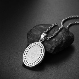 Flongo Kette jungfrau Maria silber: Halskette heilige Mary mutter gottes anhänger mit Strass Zirkonia virgen de guadalupe Oval medaille plättchen necklace edelstahl schmuck Geschenk für Damen Herren