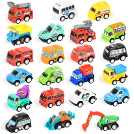 CYZAM Easter Basket Stuffers 22PCS Mini Pull Back Cars and Trucks Toy Vehicles Set, Assorted Toy Vehicles Party Favors Bulk Small Construction Truck, Police Cars, Fire Trucks for Kids 3-8