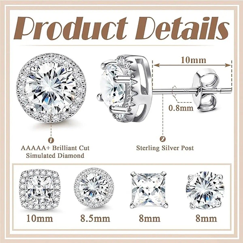 WEKIA - 4pares Aretes De Zirconia Plata 925 Para Mujer