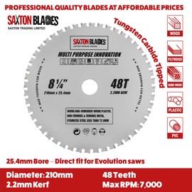 TCT21048TMPT254B Saxton TCT Multi-Purpose Circular Saw Blade 210mm x 48T x 25.4mm Bore Wood and Metal Fits Evolution