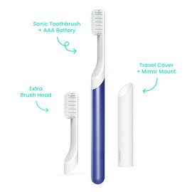 Quip Sonic Toothbrush for Adults with Timer - Includes Extra Brush Head and Travel Cover Mount - Electric, Soft Bristle Refill Head, Metal Handle, 3 Month Battery Life - Travel Toothbrush - Indigo