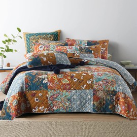 camandy Cotton Bedspread Quilt Bedding Sets 3 Pieces Reversible Coverlet Sets Comforters Luxury Paisley Floral Patchwork Brown Bedspread, King Size