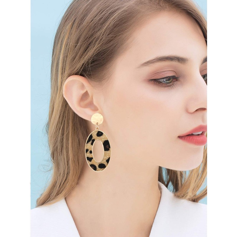 Leopard Drop Earrings Geometric Faux Leather Hoop Dangle Earring Statement