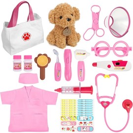Doctor Kit for little Boys&Girls, 28 Pcs Doctor Playset with Dog Toy, Stethoscope and Dress Up Costume, Pretend Play Medical Gift for Boys Girls - Color: Pink