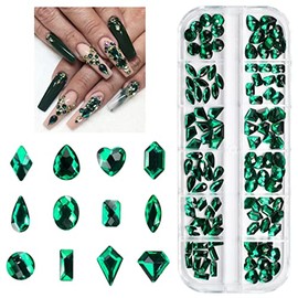 qiipii 120Pcs Emerald Green Rhinestones Nail Charms 12 Shapes Crystal Green Flatback Big Gems K9 Glass Nail Stones Diamonds jewels Nail Art Supplies Nail Decor for Nails Face Eyes Makeup DIY Crafts