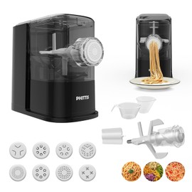PHITTIS Electric Pasta Machine, Automatic Pasta Maker Machine Electric with 8 Discs for Spaghetti & Fettucine and More, Easy-to-Clean Noodle Maker with Measuring Cup, Cleaning Scraper and Flour Cup